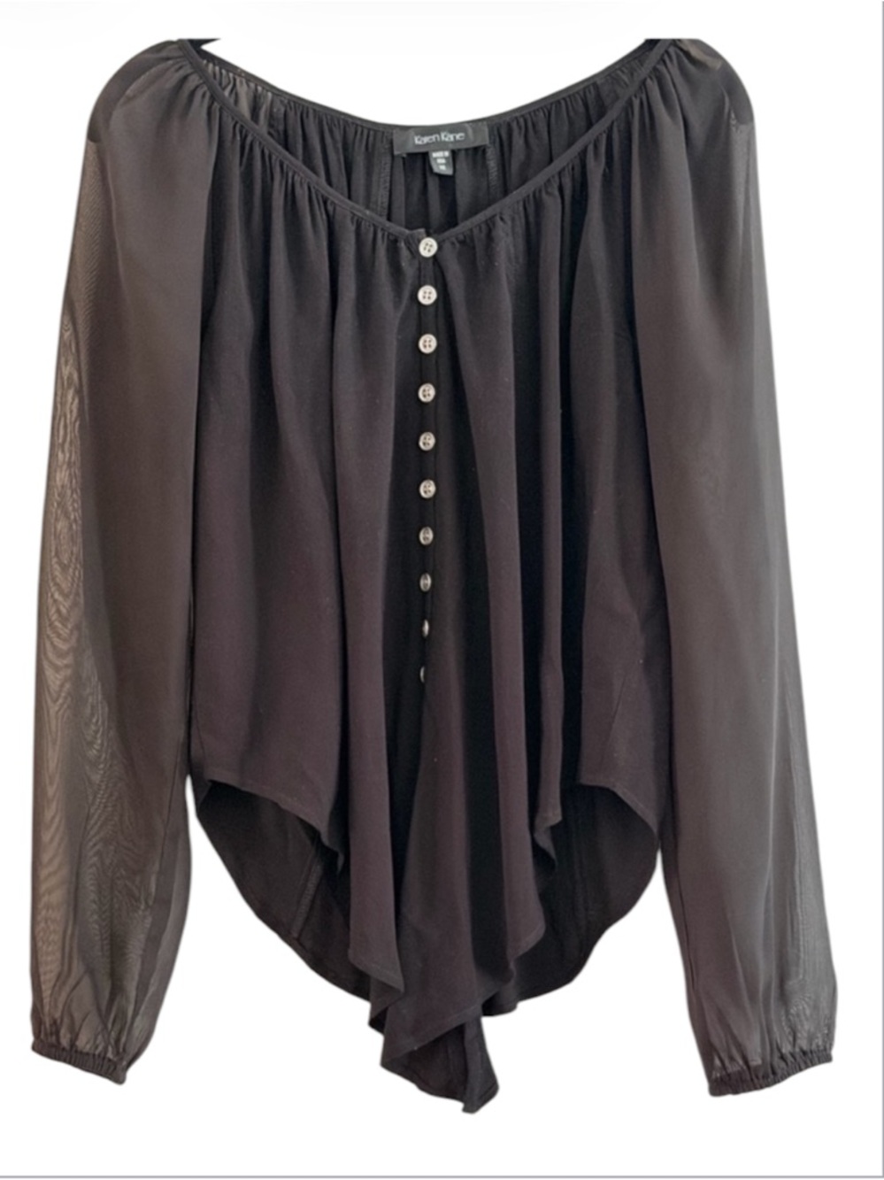 Karen Kane Black Sheer Button-Front Handkerchief Hem Blouse Size XS